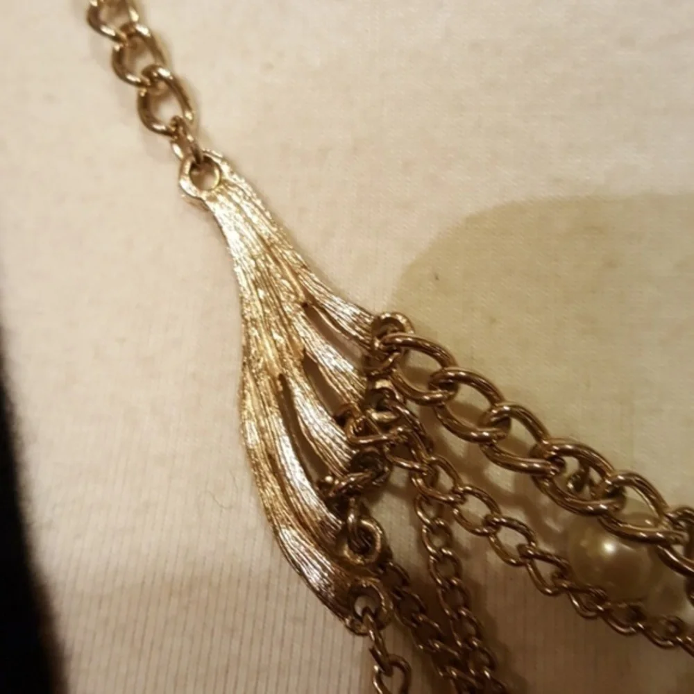 VTG EGYPTIAN REVIVAL BOHO MULTI LAYER‎ GOLD PEARL CHOKER NECKLACE